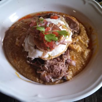 Sassafras American Eatery, Highlands - Southern Sunrise (pulled pork with an egg over cheese grits . . . biscuit not shown) - Cajun/Creole Near Me - Denver, Colorado Sassafras American Eatery, Highlands - Southern Sunrise (pulled pork with an egg over cheese grits . . . biscuit not shown) - Cajun/Creole Near Me - Denver, Colorado