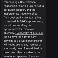 The Eyesite of Dublin - Dr. Mattson having her staff txt me to cancel my sons appt. out of retaliation and deliberately lying about attempted "RESCHEDULE".