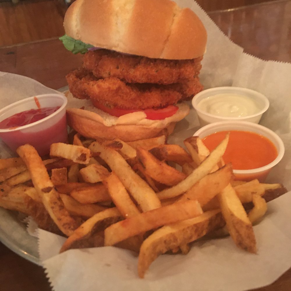 Chicken sandwich was great with a side of Buffalo and Blue Cheese; Fries were delicious too!