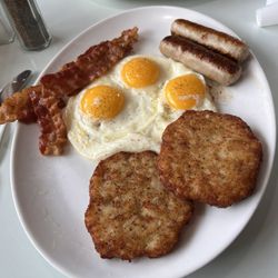 Sugar Bowl - My food-Mateo's Combo-3 eggs sunny side up, 2 potato pancakes, bacon, and sausage links