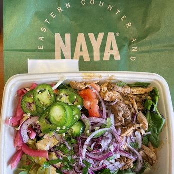 NAYA - seasonal greens with chicken shawarma, baba ganoush, chopped romaine, tomatoes, cabbage, pickles, turnips, onions, and jalapeños - Mediterranean Near Me - New York, New York NAYA - seasonal greens with chicken shawarma, baba ganoush, chopped romaine, tomatoes, cabbage, pickles, turnips, onions, and jalapeños - Mediterranean Near Me - New York, New York