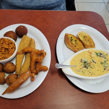 Louisiana Fish House - Red fish and shrimp with Seafood fondue - Southern Near Me - Spring, Texas Louisiana Fish House - Red fish and shrimp with Seafood fondue - Southern Near Me - Spring, Texas