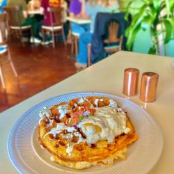 Deja Vu Breakfast Company - Chorizo and Cheese Waffle with Sunny Side Up Egg
