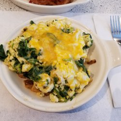 Rocky's Scrambler: spinach, broccoli, onions, peppers, cheddar, and egg whites.