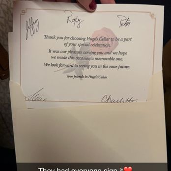 Hugo's Cellar - A cute little note everyone signed - American Near Me - Las Vegas, Nevada Hugo's Cellar - A cute little note everyone signed - American Near Me - Las Vegas, Nevada