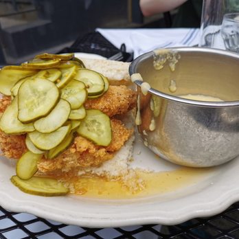 Jacob's Pickles - Honey chicken and pickles w. Cheese grits - Comfort Food Near Me - New York, New York Jacob's Pickles - Honey chicken and pickles w. Cheese grits - Comfort Food Near Me - New York, New York