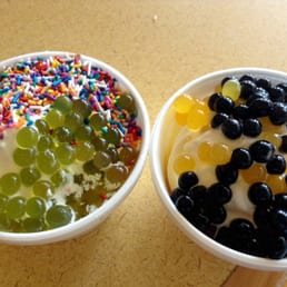 Left:  vanilla low fat yogurt with green apple boba and rainbow sprinkles.  Right: Same with mango and blueberry boba.