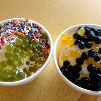 Yoz Yogurt - Left:  vanilla low fat yogurt with green apple boba and rainbow sprinkles.  Right: Same with mango and blueberry boba. - Ice Cream & Frozen Yogurt Near Me - West Bloomfield, Michigan