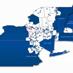 NBT Bank - market footprint 2013 from syracuse.com -- blue stars = NBT locations; red dots = former Alliance Bank locations turned NBT.
