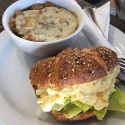 Egg salad sandwich with a French onion soup