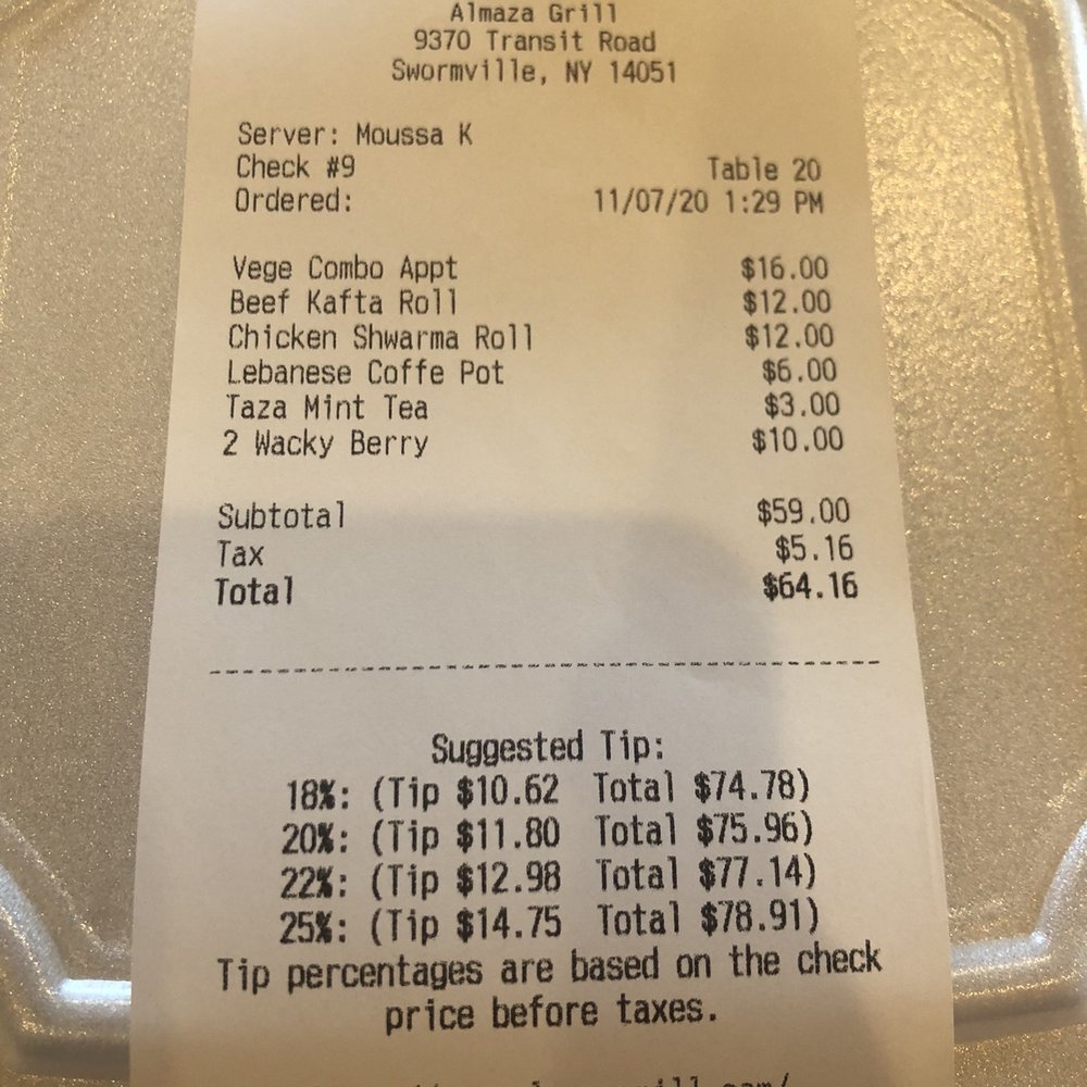 Almaza Grill - The bill. - Mediterranean Near Me - East Amherst, New York