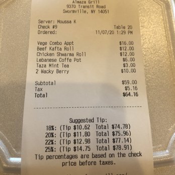 Almaza Grill - The bill. - Mediterranean Near Me - East Amherst, New York