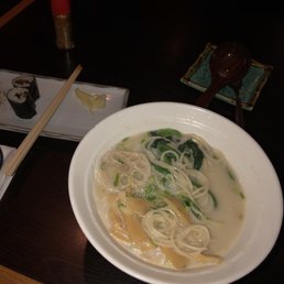 Vegetarian ramen with a mushroom roll in the back! Vegetarian ramen with a mushroom roll in the back!