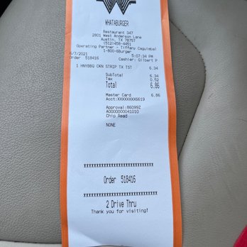 Whataburger - Receipt - Fast Food Near Me - Austin, Texas Whataburger - Receipt - Fast Food Near Me - Austin, Texas