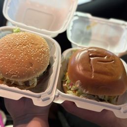 Cheese Charburger on the left Wally Whopper on the right Cheese Charburger on the left Wally Whopper on the right