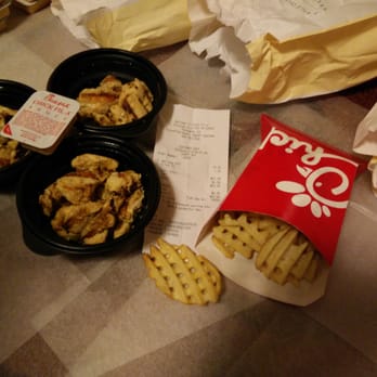 Chick-fil-A - Grilled chicken nuggets (12 count x3) + large fries = $23   (Take note the size of chicken compared to dipping sauce) - Fast Food Near Me - Pasadena, California