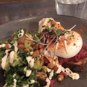 Caravelle - Poached eggs (with beet hummus and avocado kale salad on sourdough.) - Breakfast & Brunch Near Me - Barcelona, B Caravelle - Poached eggs (with beet hummus and avocado kale salad on sourdough.) - Breakfast & Brunch Near Me - Barcelona, B