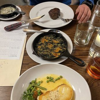 Open Range MT - Halibut with a potato latka, 6 oz Beef Tenderloin with creamed spinach and garlic sauce - Steakhouses Near Me - Bozeman, Montana