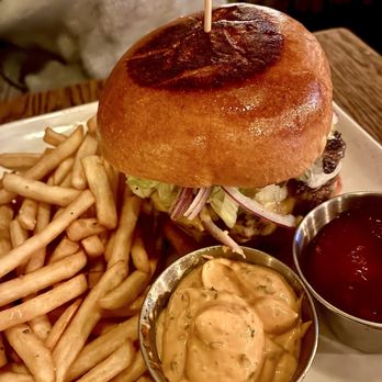 Charlies Bar & Kitchen - 454 Burger with French Fries, ketchup & spicy mayo - Cocktail Bars Near Me - Bronx, New York Charlies Bar & Kitchen - 454 Burger with French Fries, ketchup & spicy mayo - Cocktail Bars Near Me - Bronx, New York