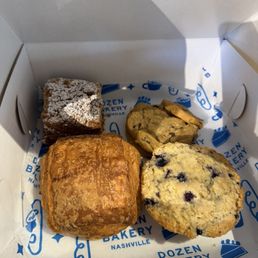 Chocolate crossaint, blu muff, chocolate chip , coffer cake