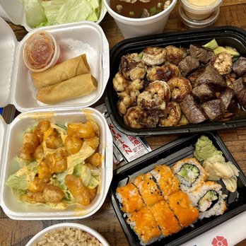 Hana Hibachi & Sushi - Fried rice, rock shrimp appetizer, spring rolls, ginger salad, Japanese soup, surf & turf hibachi trio & king crab sushi. - Sushi Bars Near Me - Prosper, Texas Hana Hibachi & Sushi - Fried rice, rock shrimp appetizer, spring rolls, ginger salad, Japanese soup, surf & turf hibachi trio & king crab sushi. - Sushi Bars Near Me - Prosper, Texas