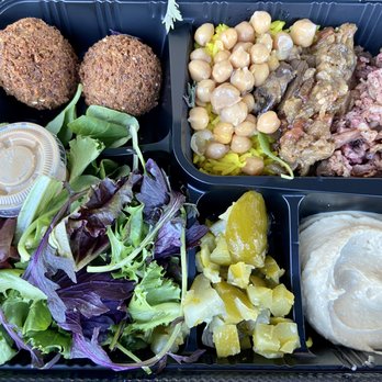 SAJJ Mediterranean - Vegan Plate: falafel, chickpeas, eggplant ragout, sumac cauliflower, salad greens, pickles, hummus - Mediterranean Near Me - San Bruno, California SAJJ Mediterranean - Vegan Plate: falafel, chickpeas, eggplant ragout, sumac cauliflower, salad greens, pickles, hummus - Mediterranean Near Me - San Bruno, California