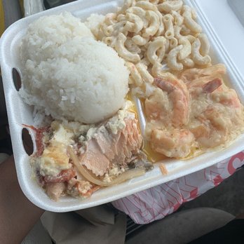 Aloha Island Market AZ - Garlic shrimp, Island salmon, Mac salad, and rice - Specialty Food Near Me - Mesa, Arizona