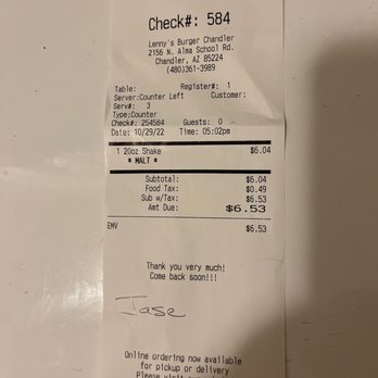 Lennys Burger - Receipt - Burgers Near Me - Chandler, Arizona