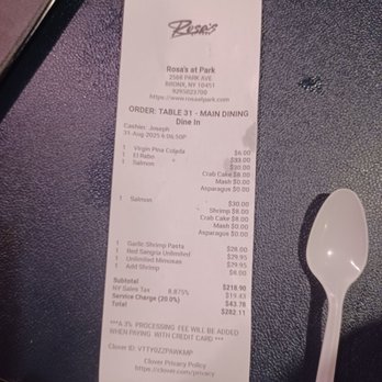 Rosa’s At Park - The bill - Latin American Near Me - Bronx, New York Rosa’s At Park - The bill - Latin American Near Me - Bronx, New York