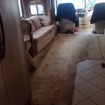 The RV Clinic - Before: Due to a water leak, this motor home has a rotten floor underneath the carpet and tile. - RV Repair Near Me - Springboro, Ohio The RV Clinic - Before: Due to a water leak, this motor home has a rotten floor underneath the carpet and tile. - RV Repair Near Me - Springboro, Ohio