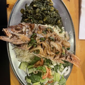 Stickem - Red Snapper Platter with collards and salad with vinaigrette - Kebab Near Me - Memphis, Tennessee Stickem - Red Snapper Platter with collards and salad with vinaigrette - Kebab Near Me - Memphis, Tennessee