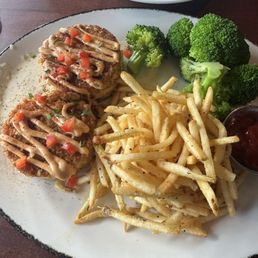Crab Cakes, broccoli, French fries