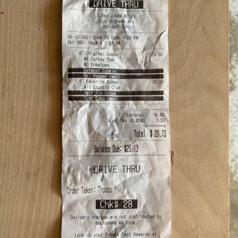 Jimmy John's - a drive thru receipt - Sandwiches Near Me - Missouri City, Texas