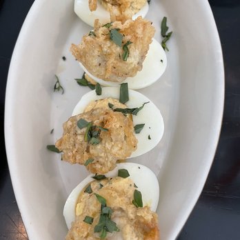 Fishwives - Fried oyster on top of deviled eggs - Seafood Near Me - Pasadena, California Fishwives - Fried oyster on top of deviled eggs - Seafood Near Me - Pasadena, California