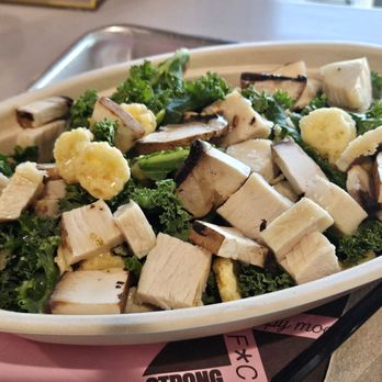 Simply Shroom Cafe - Kale Caesar Salad. Kale, chicken, mushrooms, gf cheese croutons, and dressing. Mmmm - Coffee & Tea Near Me - Scottsdale, Arizona