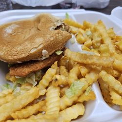 Dino's Drive In - Flounder sandwich added cheese with fries