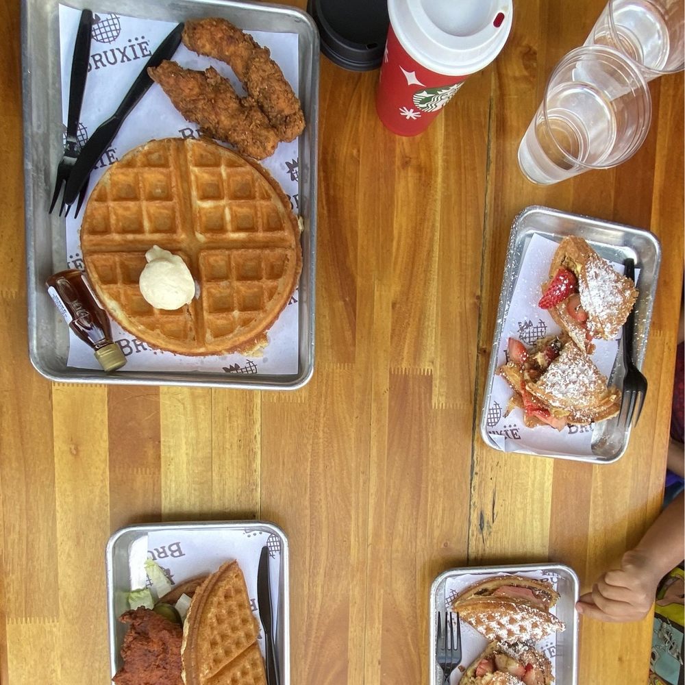 Bruxie - Original chicken and waffle  Crème brûlée strawberries   Kickin Nashville hot chicken - Sandwiches Near Me - Orange, California