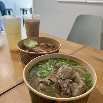 Saiga Vietnamese Eatery - Combination Pho  Garlic Noodles with BBQ Chicken Lychee Lemonade Iced Vietnamese Coffee - Vietnamese Near Me - Irvine, California