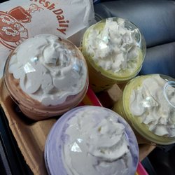 Yankee Doodle Donuts - Pistachio smoothies (green), Taro (purple), and Java Chip (brown).