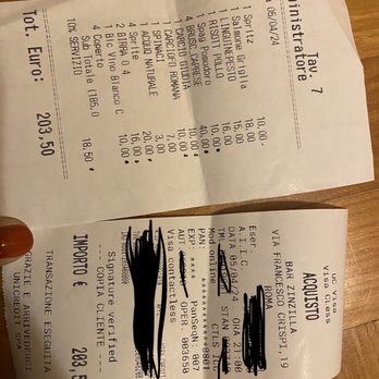 Crispi 19 - Receipt of $116 euros in over charges. - Wine Bars Near Me - Rome, RM