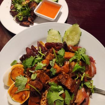 Zenna- Plano - Bbq pork and crispy pork over rice + fried intestines. - Thai Near Me - Plano, Texas Zenna- Plano - Bbq pork and crispy pork over rice + fried intestines. - Thai Near Me - Plano, Texas