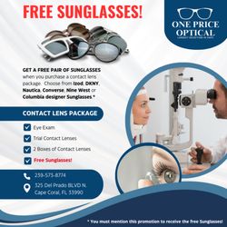One Price Optical - GET A FREE PAIR OF SUNGLASSES when you purchase a contact lens package!