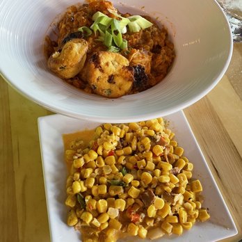 Brick House - Jambalaya with mini cornbread muffins and maque choux - Cajun/Creole Near Me - Lake Ozark, Missouri