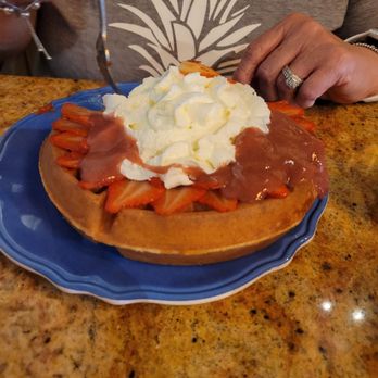 Kountry Kitchen - Strawberry waffle with very thinly sliced Strawberries. - American Near Me - Kapaa, Hawaii