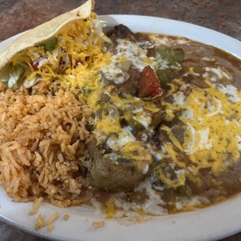 La Casita Cafe - #6 Combo. Chile Relleno and Chicken Taco, rice and beans. - Mexican Near Me - Hesperia, California