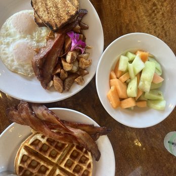 Island Lava Java - Basic Breakfast, Fruit bowl minus the strawberries because my kids ate it all and waffle with bacon. - American Near Me - Kailua Kona, Hawaii