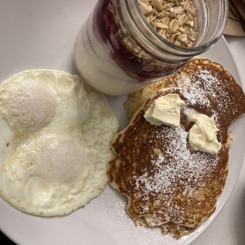 Blue Bench Brunchette - Happy Hour breakfast of pancakes, 2 eggs, and huckleberry yogurt parfait. - Breakfast & Brunch Near Me - Boise, Idaho