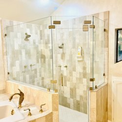 Bell Glass and Mirror - Frameless neo angle shower with brushed bronze hardware