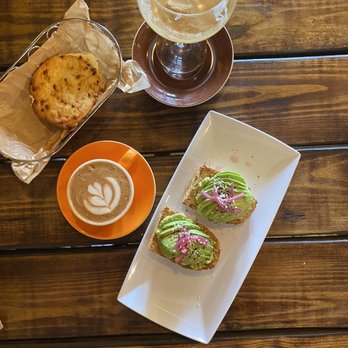 Macondo Coffee Kendall - Our meal. Avocado toast, mochacchino, original arepa, and alfogatto - Coffee & Tea Near Me - Miami, Florida