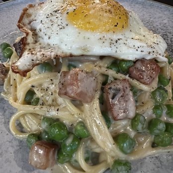 Stock and Supply - Pasta carbonara with fried egg - Canadian (New) Near Me - Vancouver, British Columbia Stock and Supply - Pasta carbonara with fried egg - Canadian (New) Near Me - Vancouver, British Columbia
